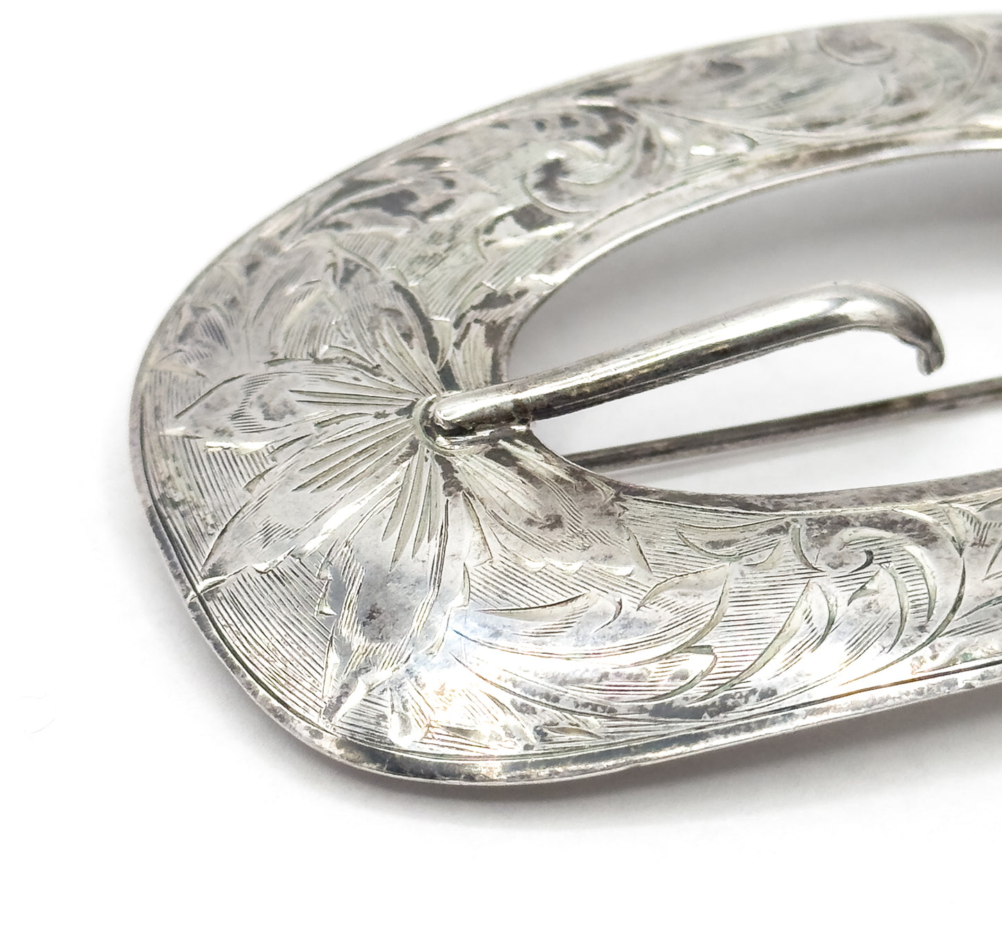 Vintage Etched Belt Buckle Brooch in Sterling Silver