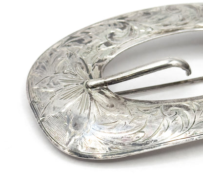 Vintage Etched Belt Buckle Brooch in Sterling Silver