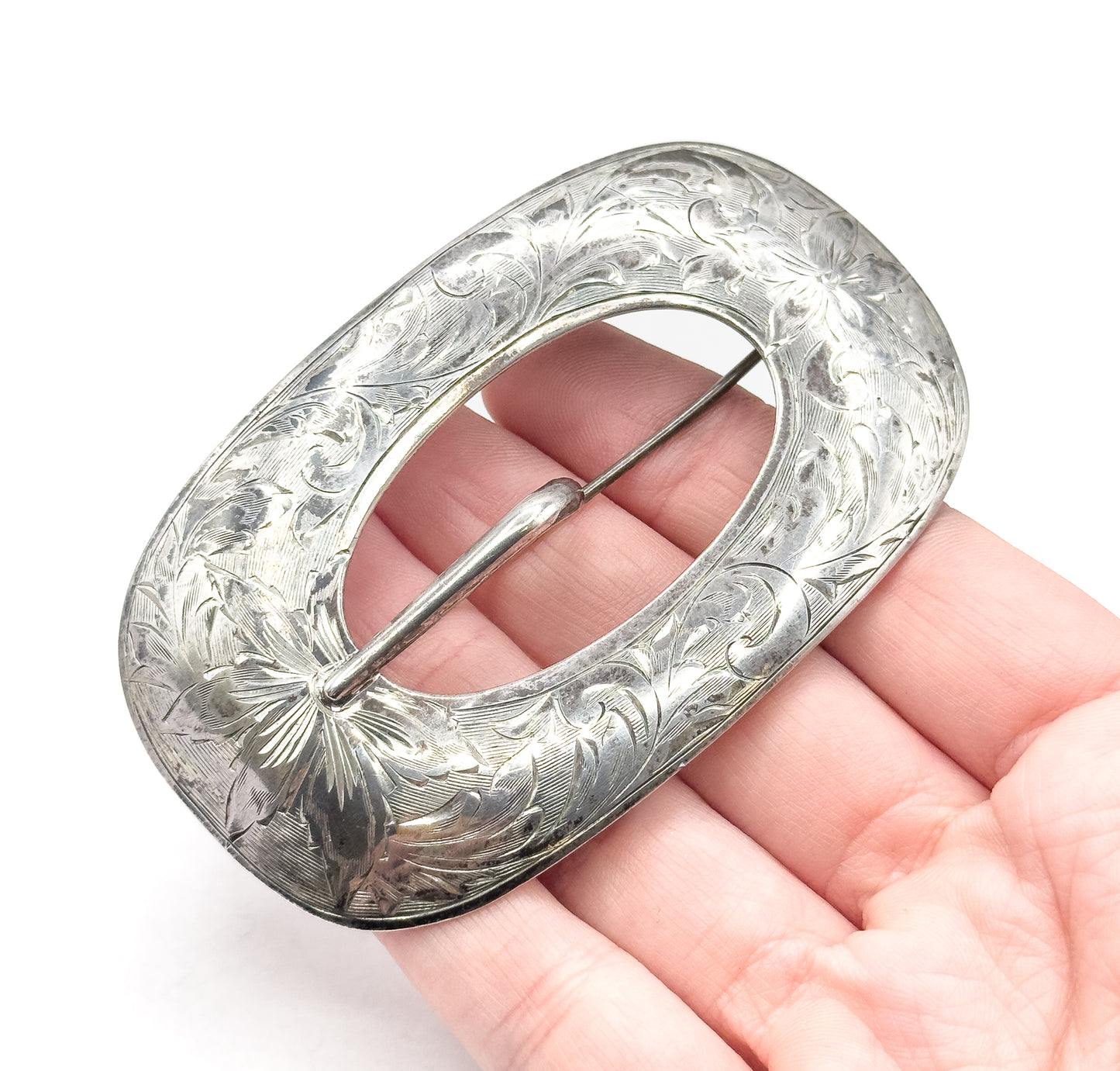 Vintage Etched Belt Buckle Brooch in Sterling Silver