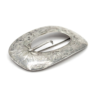 Vintage Etched Belt Buckle Brooch in Sterling Silver