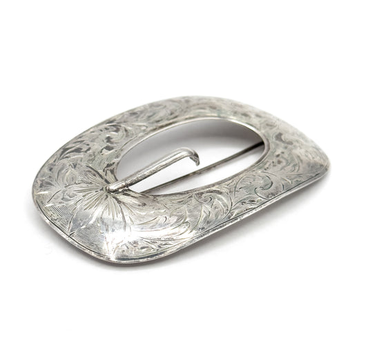 Vintage Etched Belt Buckle Brooch in Sterling Silver