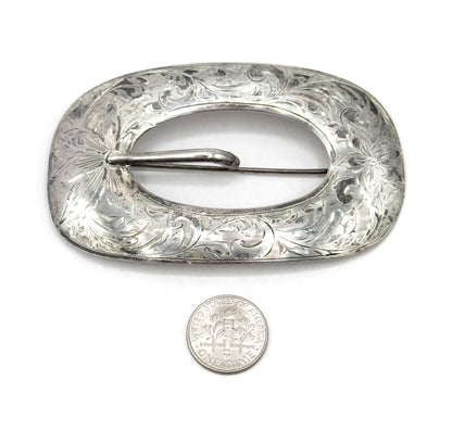 Vintage Etched Belt Buckle Brooch in Sterling Silver