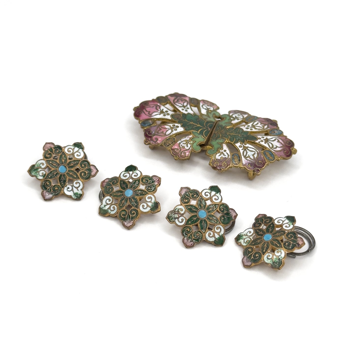 Antique Champleve Enamel Buckle & Button Set