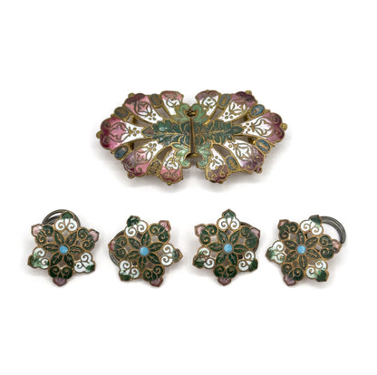 Antique Champleve Enamel Buckle & Button Set