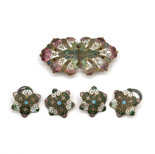 Antique Champleve Enamel Buckle & Button Set