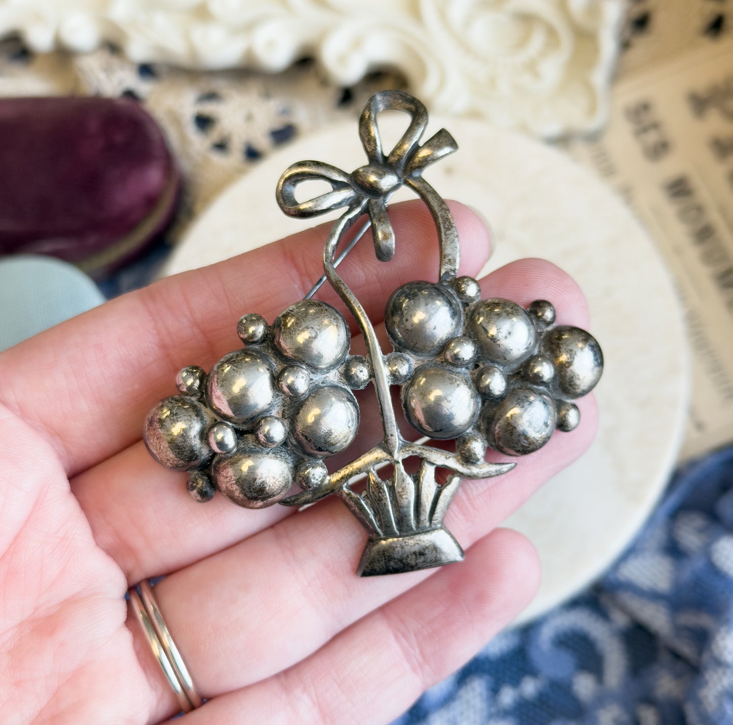 Mid-Century Silver Flower Basket Brooch with Bow