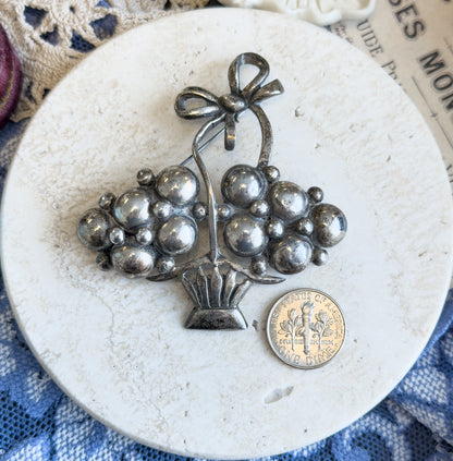 Mid-Century Silver Flower Basket Brooch with Bow
