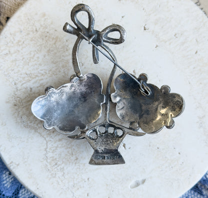 Mid-Century Silver Flower Basket Brooch with Bow