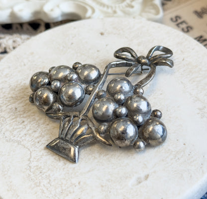 Mid-Century Silver Flower Basket Brooch with Bow