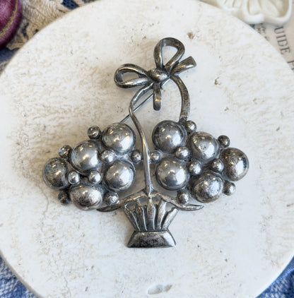 Mid-Century Silver Flower Basket Brooch with Bow