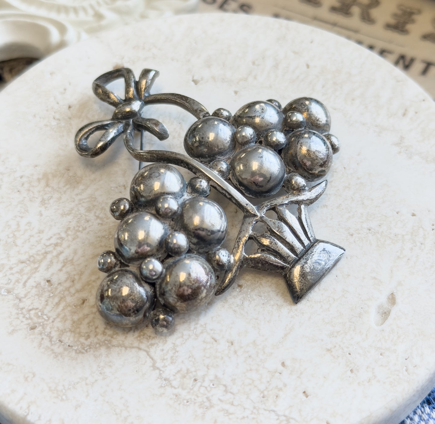 Mid-Century Silver Flower Basket Brooch with Bow