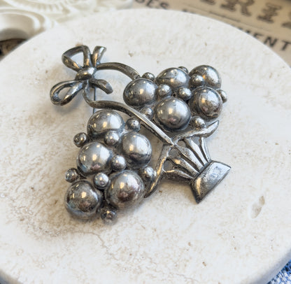 Mid-Century Silver Flower Basket Brooch with Bow