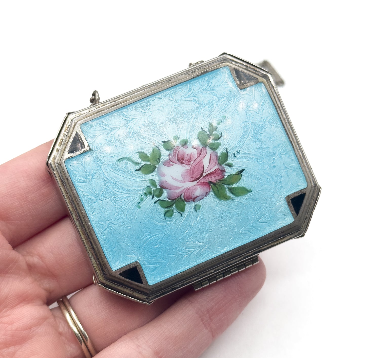 Antique Art Deco Compact Purse with Blue Guilloche Enamel in White Metal