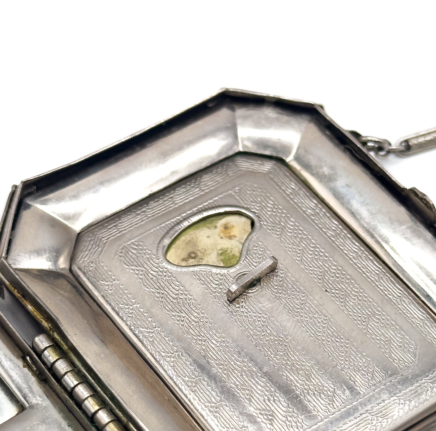 Antique Art Deco Compact Purse with Blue Guilloche Enamel in White Metal