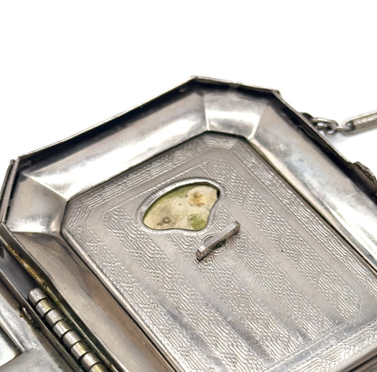 Antique Art Deco Compact Purse with Blue Guilloche Enamel in White Metal