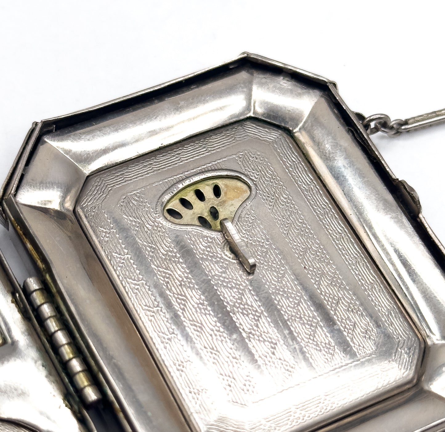 Antique Art Deco Compact Purse with Blue Guilloche Enamel in White Metal