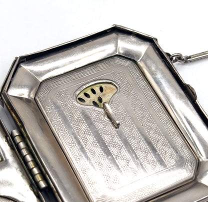 Antique Art Deco Compact Purse with Blue Guilloche Enamel in White Metal