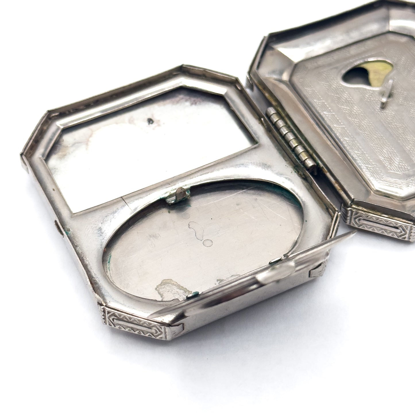 Antique Art Deco Compact Purse with Blue Guilloche Enamel in White Metal