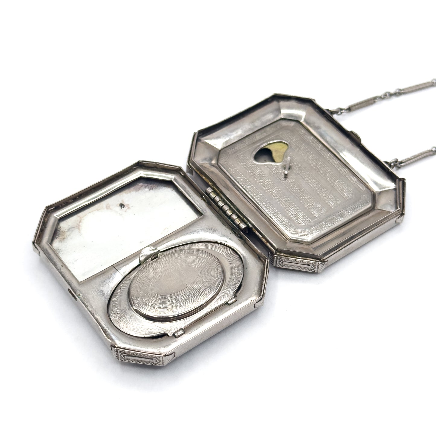 Antique Art Deco Compact Purse with Blue Guilloche Enamel in White Metal