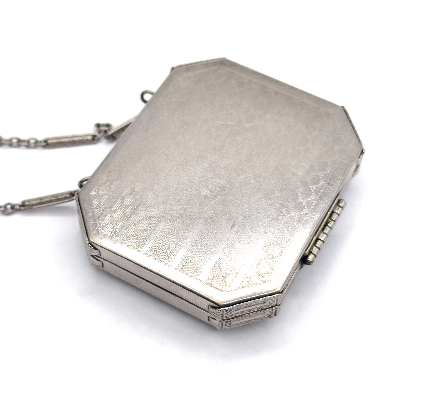 Antique Art Deco Compact Purse with Blue Guilloche Enamel in White Metal