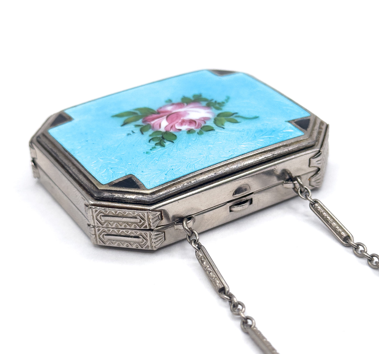 Antique Art Deco Compact Purse with Blue Guilloche Enamel in White Metal