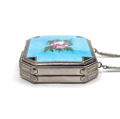 Antique Art Deco Compact Purse with Blue Guilloche Enamel in White Metal