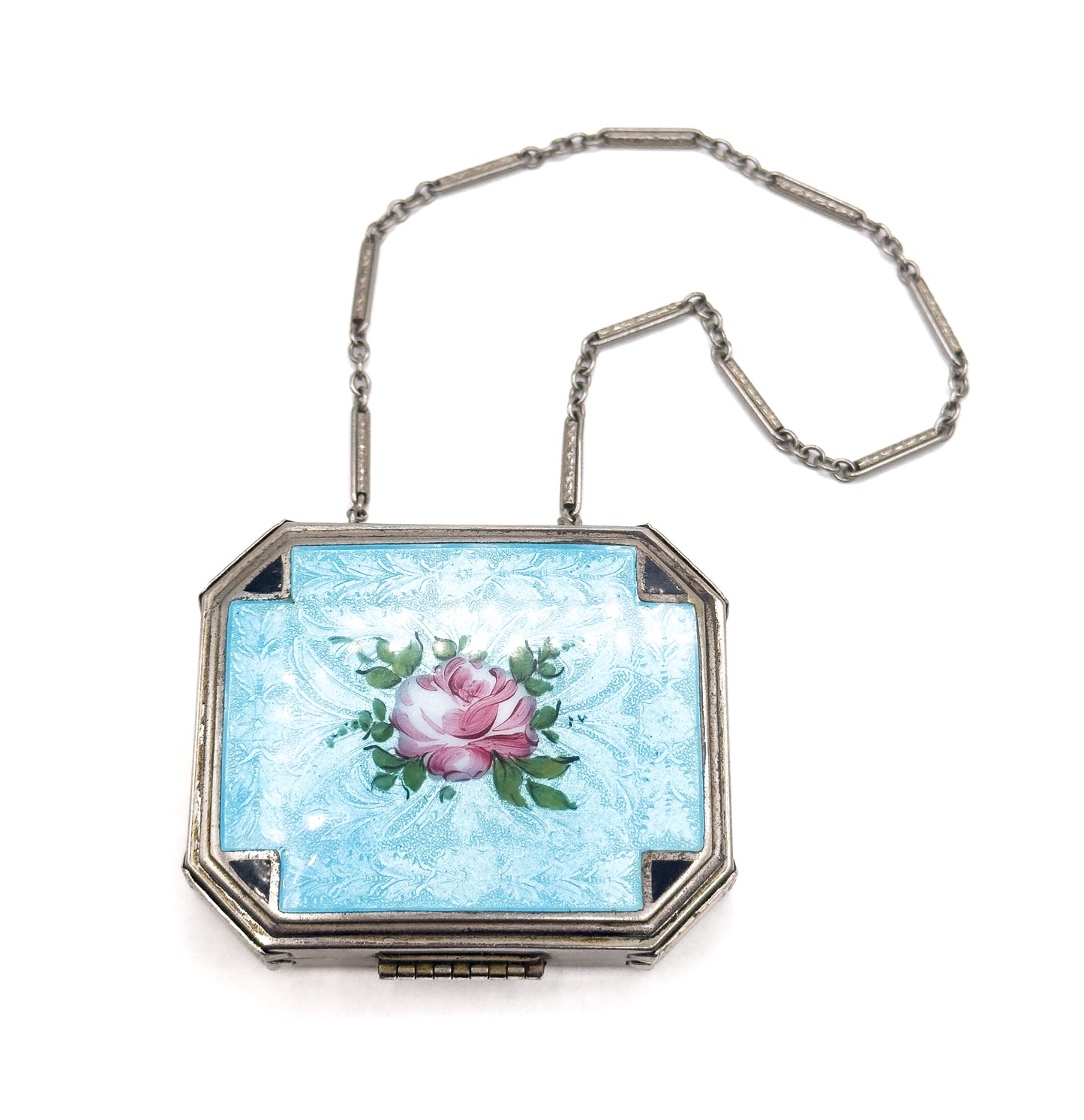Antique Art Deco Compact Purse with Blue Guilloche Enamel in White Metal