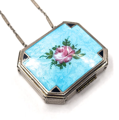 Antique Art Deco Compact Purse with Blue Guilloche Enamel in White Metal