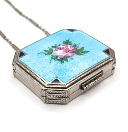 Antique Art Deco Compact Purse with Blue Guilloche Enamel in White Metal