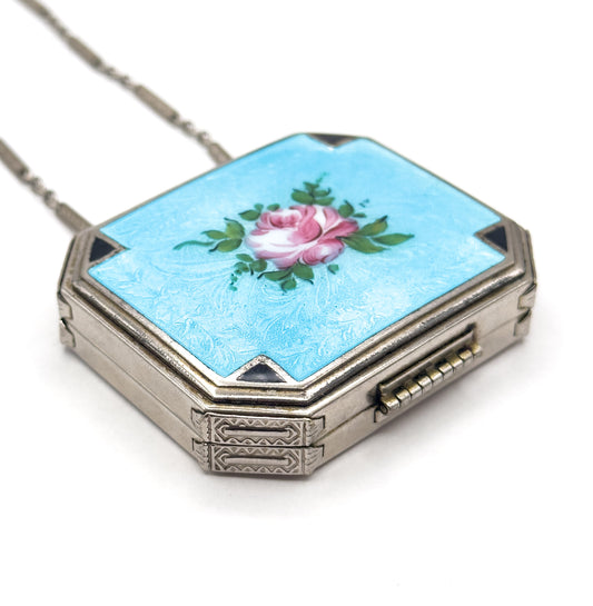 Antique Art Deco Compact Purse with Blue Guilloche Enamel in White Metal