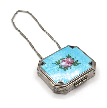 Antique Art Deco Compact Purse with Blue Guilloche Enamel in White Metal