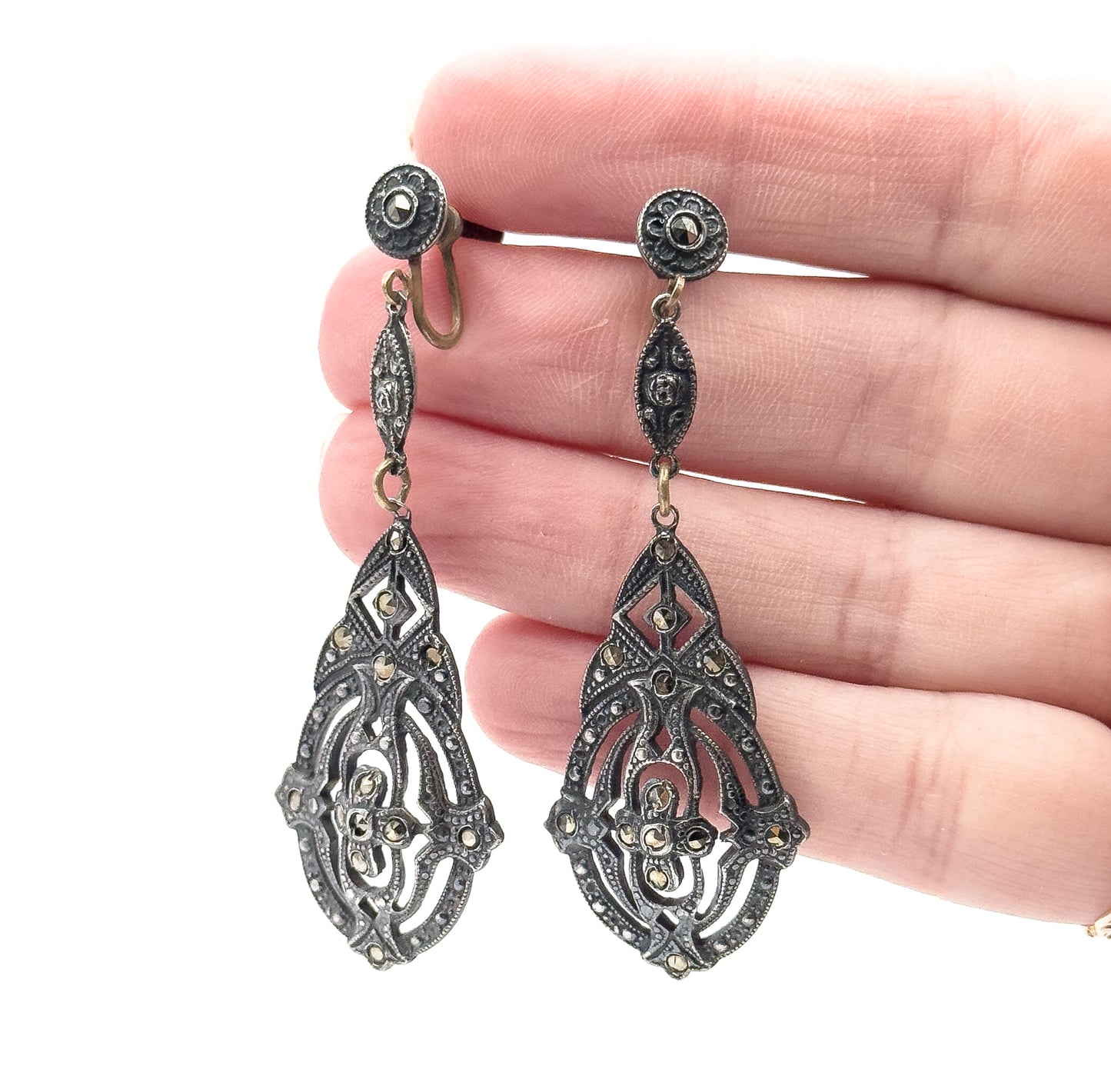 Art Deco Gothic Marcasite Drop earrings in Sterling