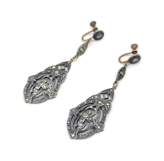 Art Deco Gothic Marcasite Drop earrings in Sterling