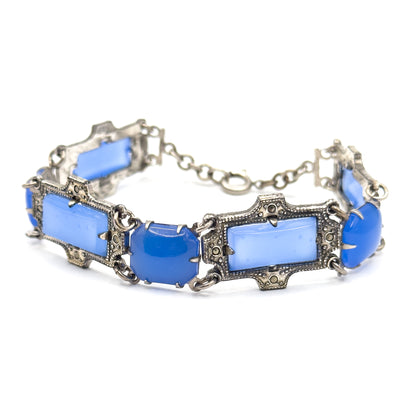Art Deco Glass Bracelet with Marcasite in Silver Tone Metal