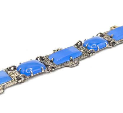 Art Deco Glass Bracelet with Marcasite in Silver Tone Metal