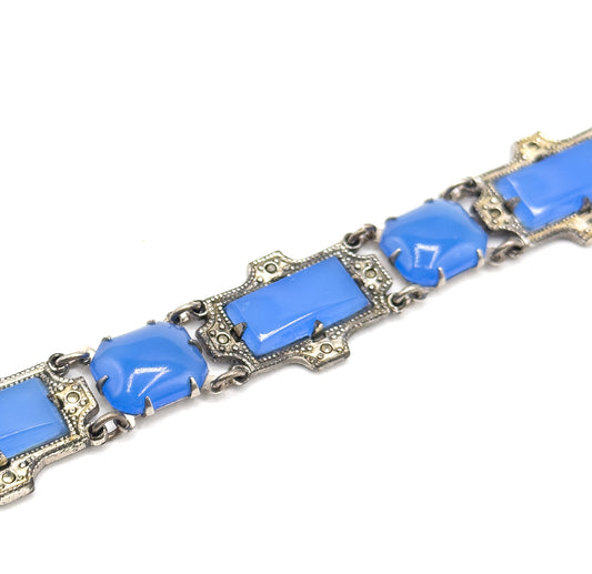 Art Deco Glass Bracelet with Marcasite in Silver Tone Metal