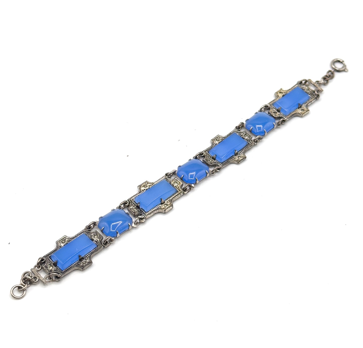 Art Deco Glass Bracelet with Marcasite in Silver Tone Metal
