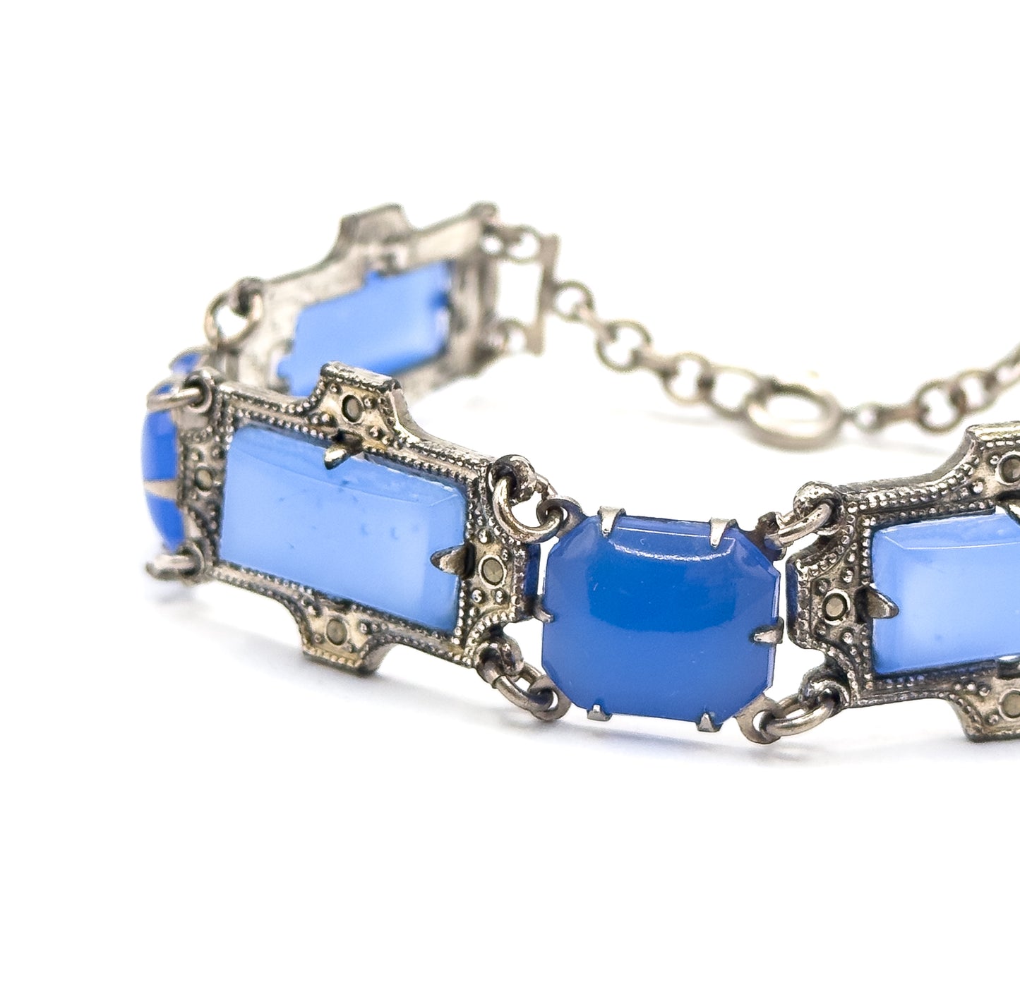 Art Deco Glass Bracelet with Marcasite in Silver Tone Metal