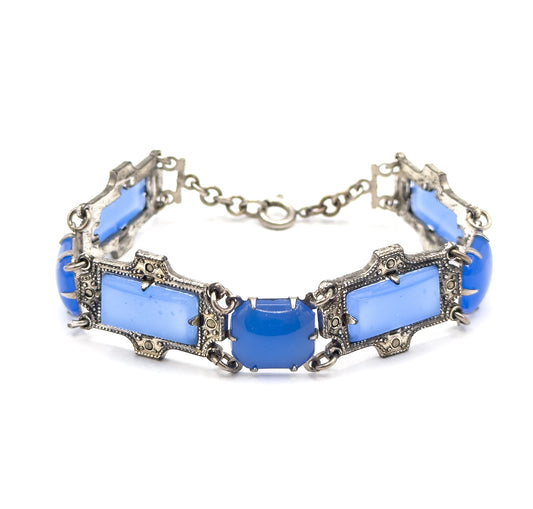 Art Deco Glass Bracelet with Marcasite in Silver Tone Metal