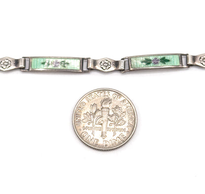 Vintage Green Guilloche Enamel Flower Bracelet in Silver