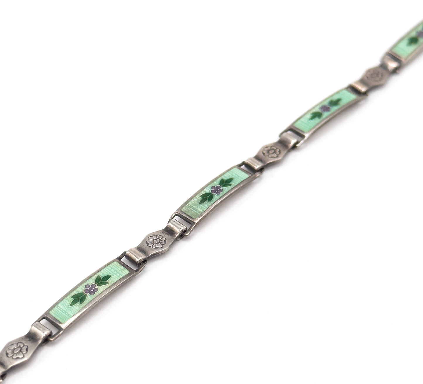 Vintage Green Guilloche Enamel Flower Bracelet in Silver