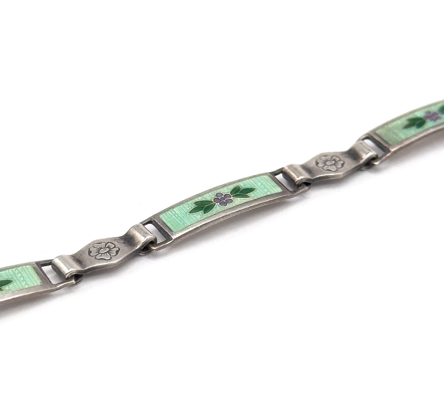 Vintage Green Guilloche Enamel Flower Bracelet in Silver
