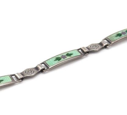 Vintage Green Guilloche Enamel Flower Bracelet in Silver