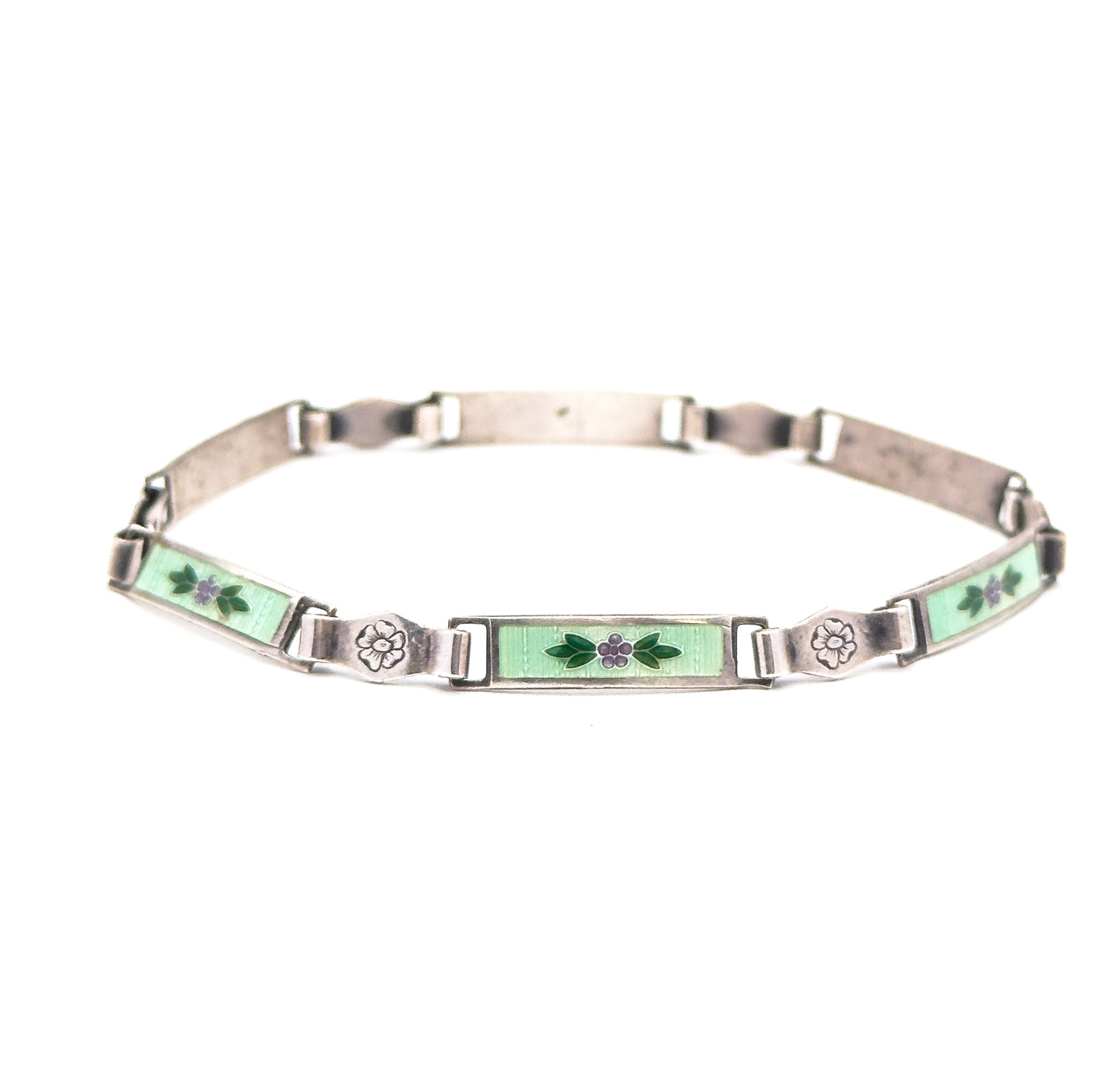 Vintage Green Guilloche Enamel Flower Bracelet in Silver