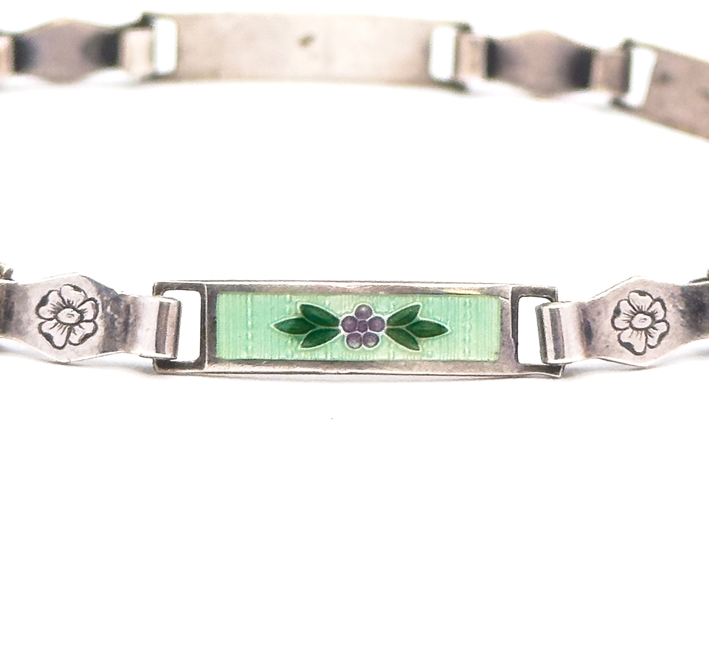 Vintage Green Guilloche Enamel Flower Bracelet in Silver