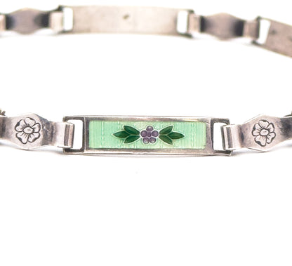 Vintage Green Guilloche Enamel Flower Bracelet in Silver