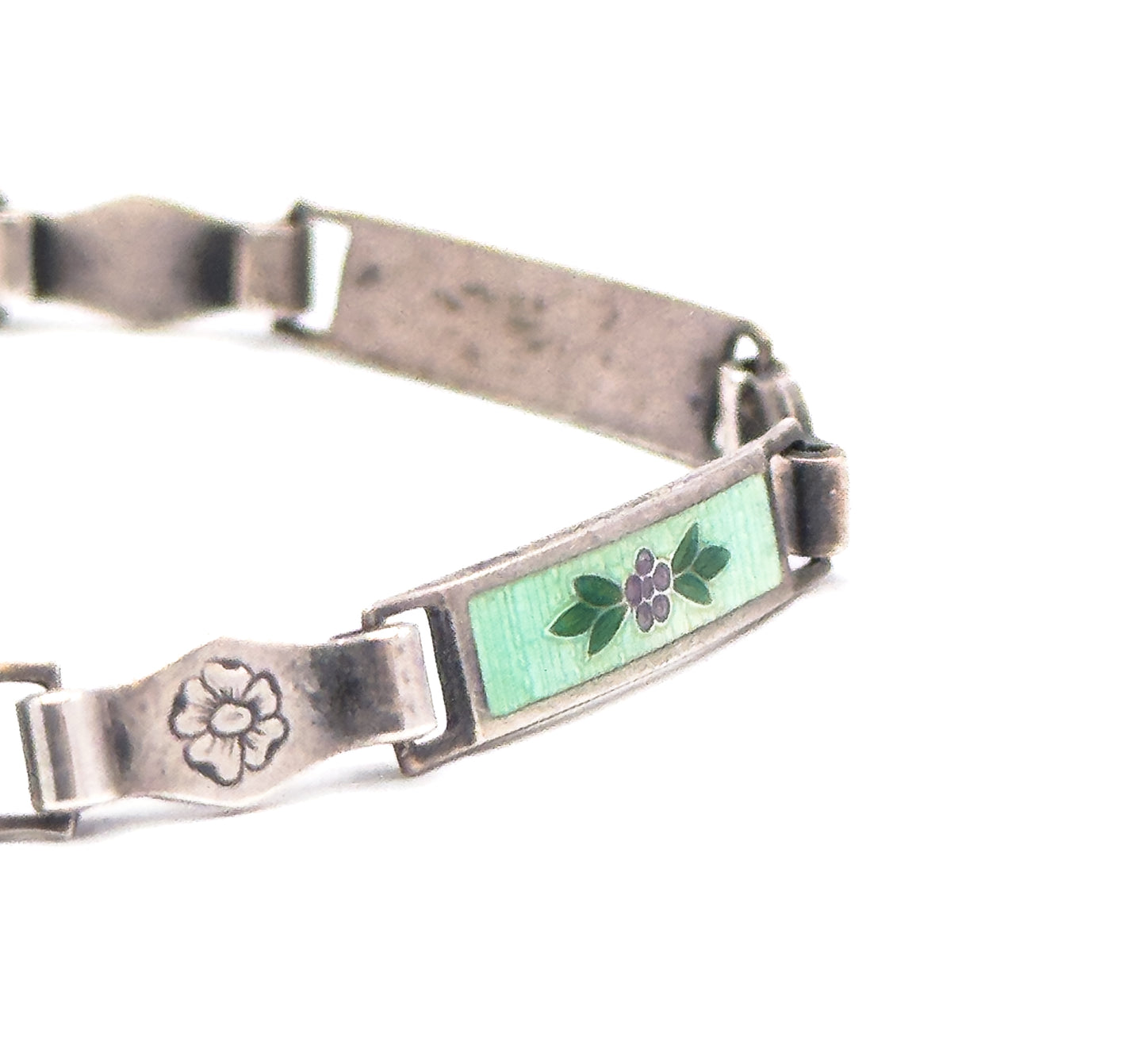 Vintage Green Guilloche Enamel Flower Bracelet in Silver