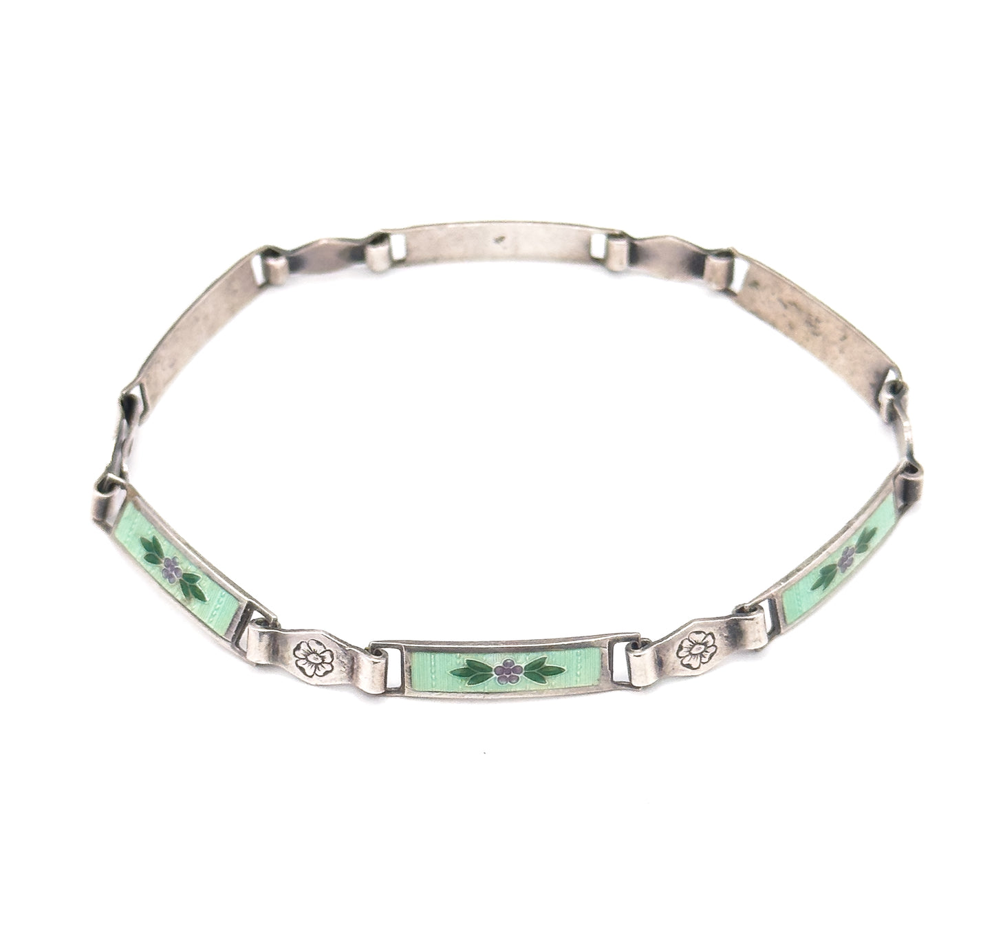 Vintage Green Guilloche Enamel Flower Bracelet in Silver