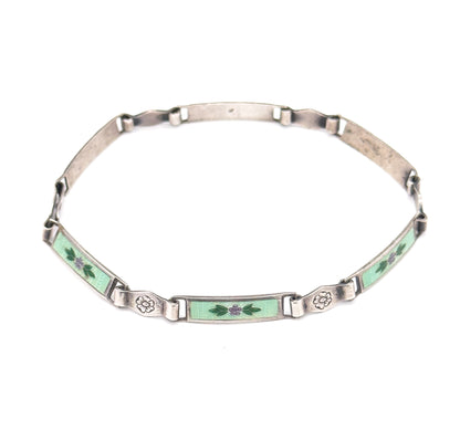 Vintage Green Guilloche Enamel Flower Bracelet in Silver