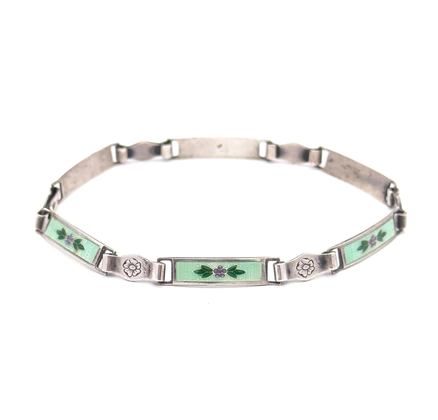 Vintage Green Guilloche Enamel Flower Bracelet in Silver